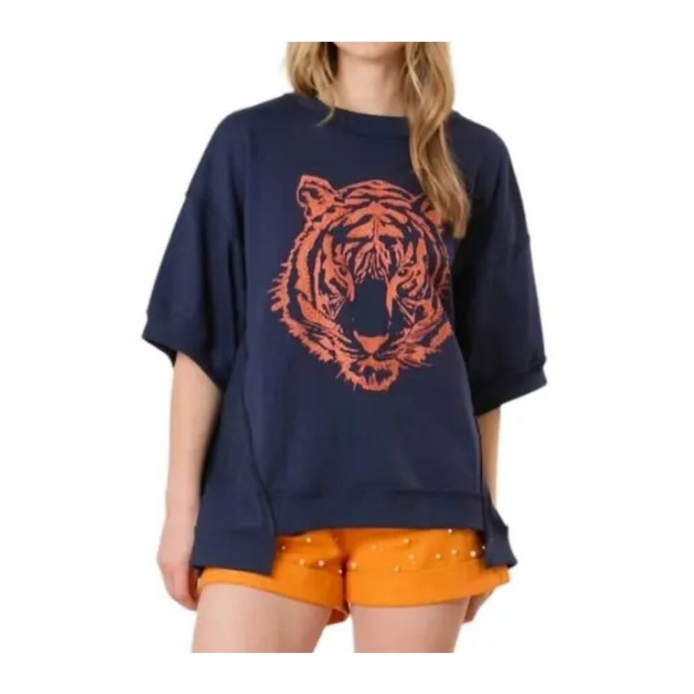 Fantastic Fawn L Tiger Head Navy Orange Rhinestone Oversized Short Sleeve Top